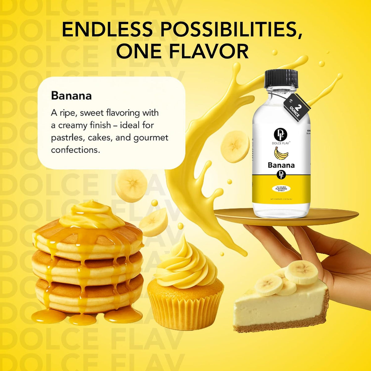 Dolce Flav Banana Extract – 2 Ounce Oil-Soluble Kosher, Sugar-Free, Concentrated Ripe Banana Flavoring for Baking, Smoothies & Ice Cream, Includes Measured Dropper