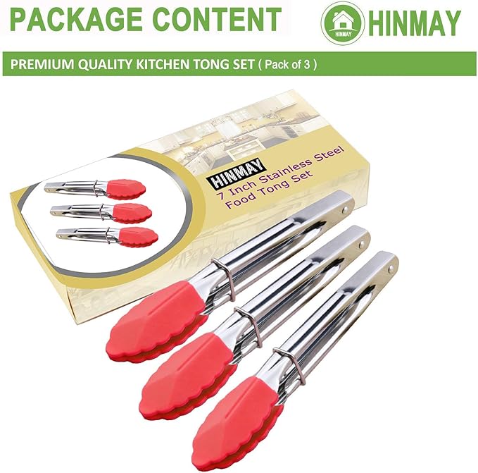 Small Tongs with Silicone Tips 7 Inch Kitchen Tongs, Set of 3 (Red)