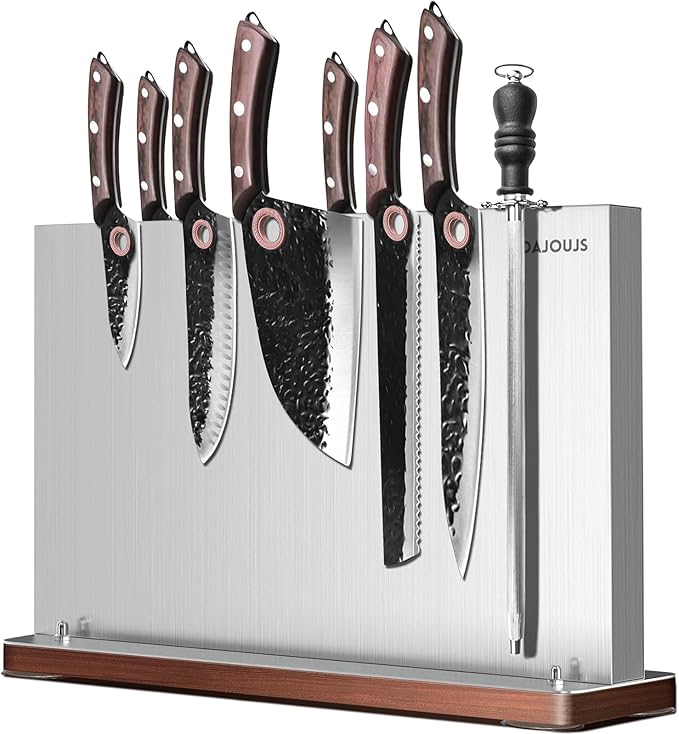 Magnetic Knife Holder, Stainless Steel Magnetic Knife Block without Knives, Strong Double Sided Magnet Knife Storage Strip with Wood Base for Kitchen Counter-Silver