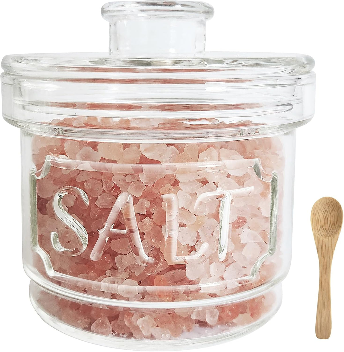 Glass Salt Cellar with Lid Salt Container with Spoon for Countertop Embossed Pattern Salt Box for Storing Sea Salt Flaky Salt Spice 12oz Capacity Holder,Dishwasher Safe