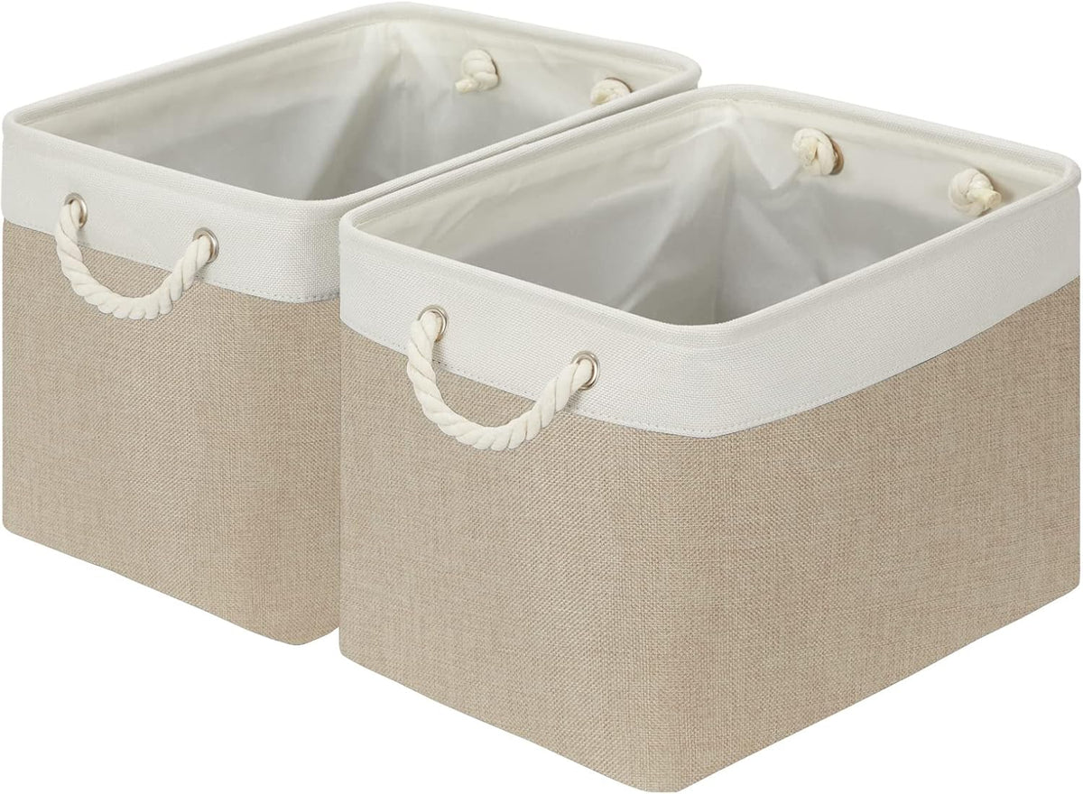 DULLEMELO Storage Baskets Large 16"x12"x12" Tall Rectangular Baskets Fabric Storage Bins for Organizing, Collapsible Shelf Baskets Boxes for Closet, Clothes, Toys (2 Pack,White&Khaki)