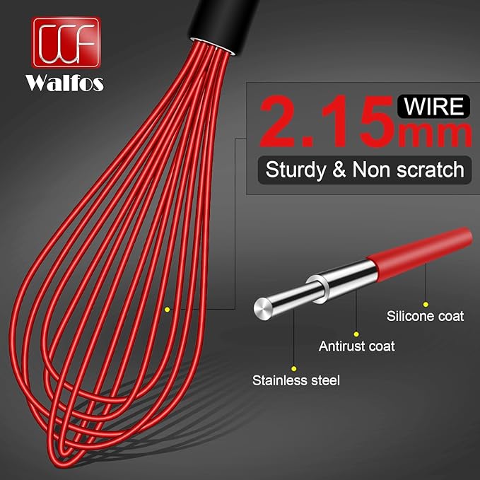 Walfos Silicone Whisk, Sturdy Stainless Steel Wire Kitchen Whisks, Heat Resistant up to 480℉ Whisk For Cooking Non Scratch, Multicolor 5+7+9+11in Whisks & 5+7in Mini Wisk, Great for home baking.