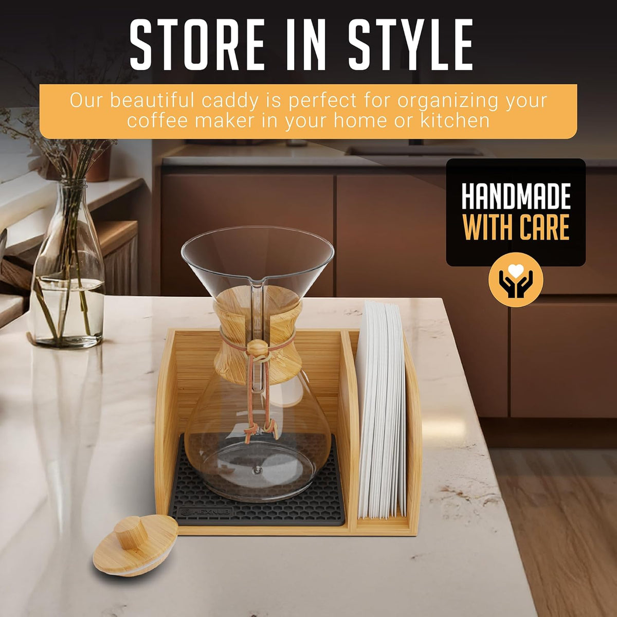 HEXNUB Caddy and Lid for Pour Over Coffee Maker, Bamboo Stand fits Chemex, Bodum, Cosori Coffee Carafes, Heatproof Mat, Filter Holder - Black Mat