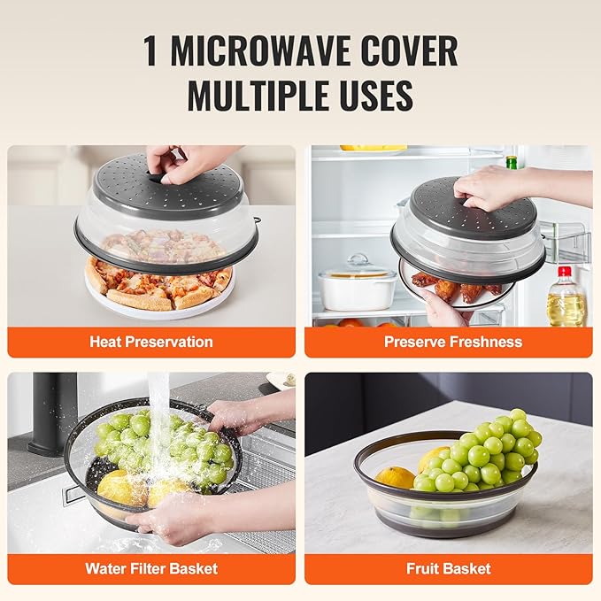 VEVOR Microwave Splatter Covers, 2 Pack 10.4" Collapsible Microwave Lid for Food, 300°F Heat-Resistant PP Splatter Guard for Plate Dish, Multi-Use Kitchen Colander Gadget for Washing Fruits Vegetables