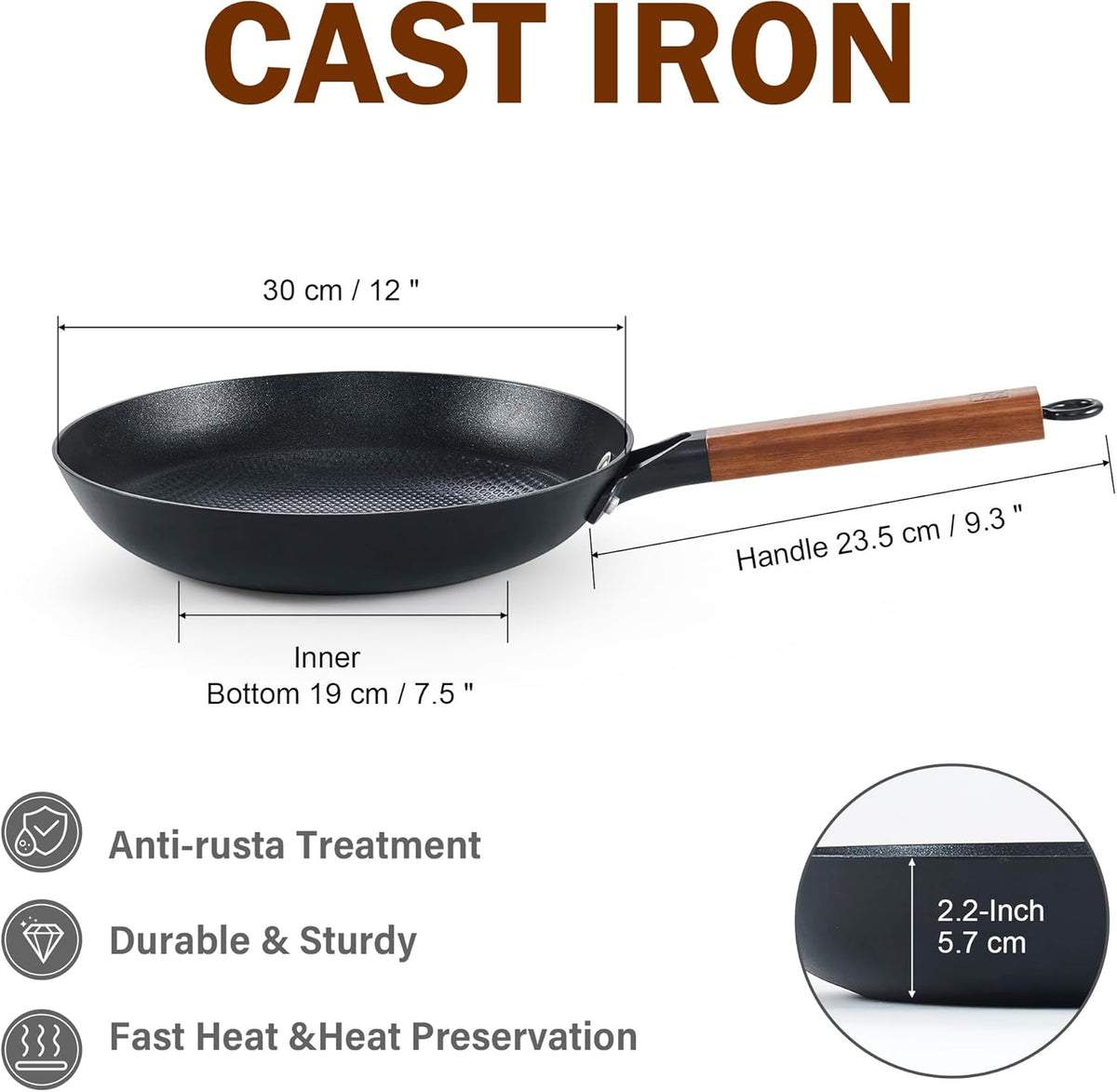 DM Cast Iron Skillet, 12 Inch Nonstick Frying Pan with Detachable Acacia Wooden Handle, Honeycomb Non stick Omelet Egg Pan, Easy Clean Oven Safe Pans for Cooking