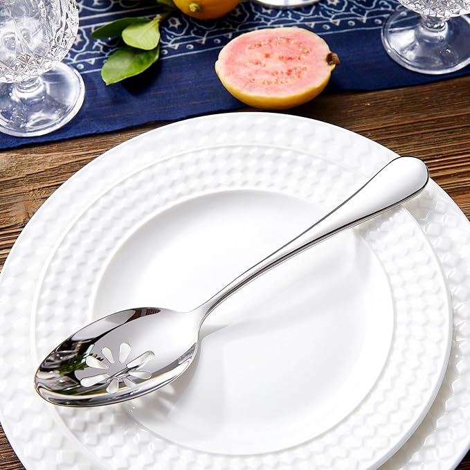 KEAWELL Premium Verona 4-Piece 9 inch Spoon Set – 18/10 Stainless Steel, Heavy-Duty Mirror-Finished Flatware for Daily Meals, Hosting and Special Occasions (4, Serving Spoons and Slotted Spoons)