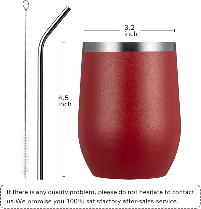 MEWAY 12oz/8 Pack Wine Tumbler Glasses with Lid - Stemless Double Wall Vacuum Stainless Steel Travel Tumbler - Keeping Cold & Hot for Wine,Coffee,Cocktails,Drinks-Family and Gifts (Red,Set of 8)