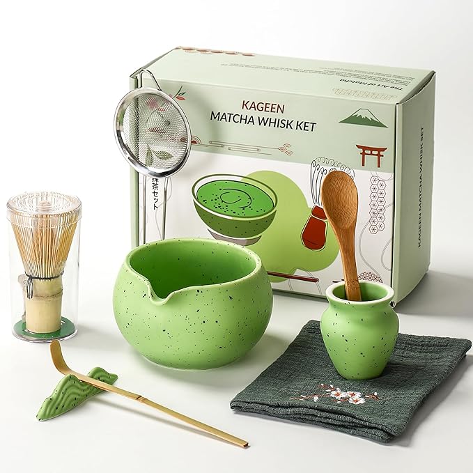 Matcha Whisk Set - 8 Piece Japanese Matcha Tea Set with Matcha Bowl with Spout, Bamboo Whisk, Scoop & Sifter | Matcha Kit for Making Smooth, Frothy Matcha at Home or as a Gift