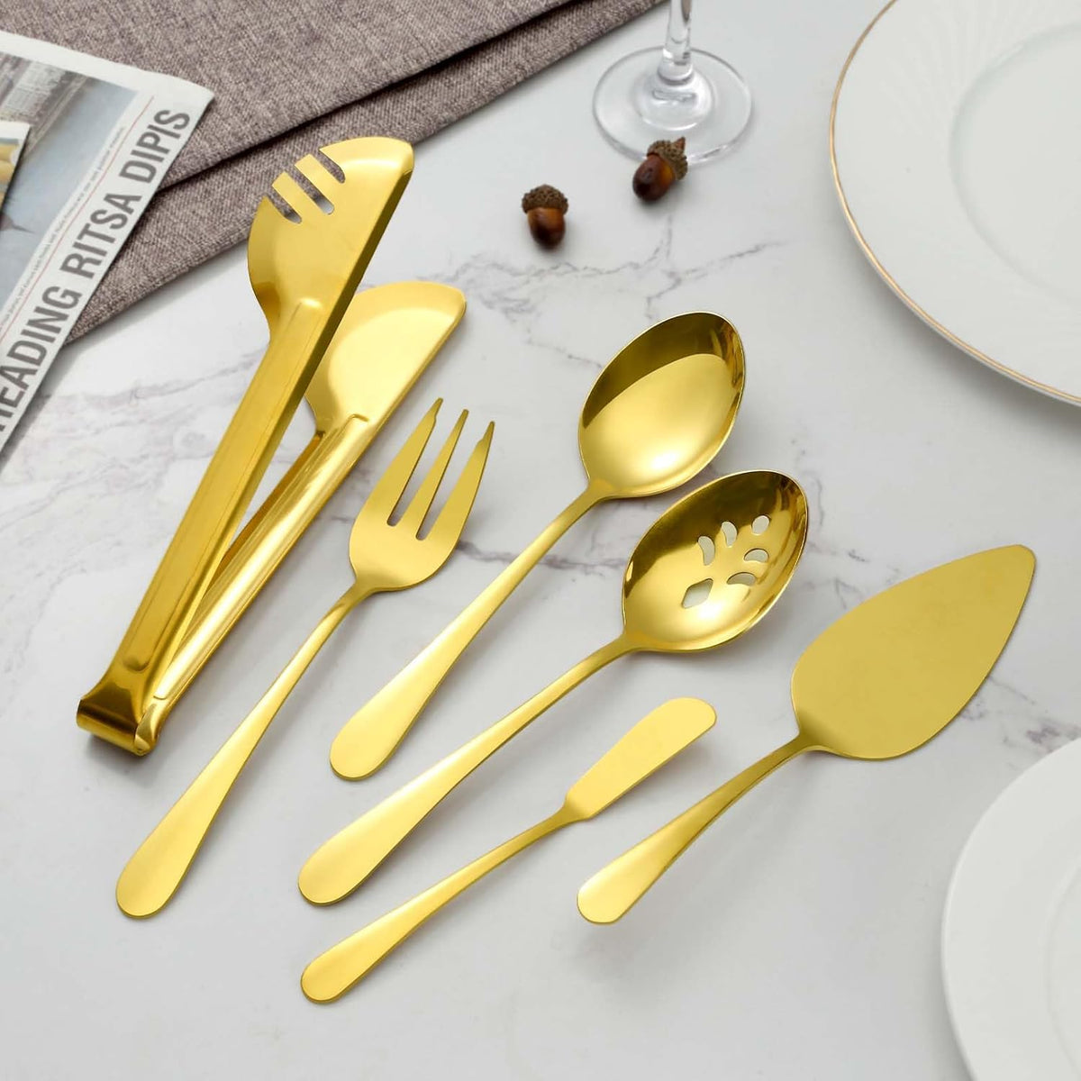 BEWOS Gold Serving Utensils, 20-Piece Serving Utensils set, Gold Serving Spoons, Slotted Spoons, Tongs, Forks, Cake Server, Butter Knife, Stainless Steel Serving Utensils for Parties, Dishwasher Safe