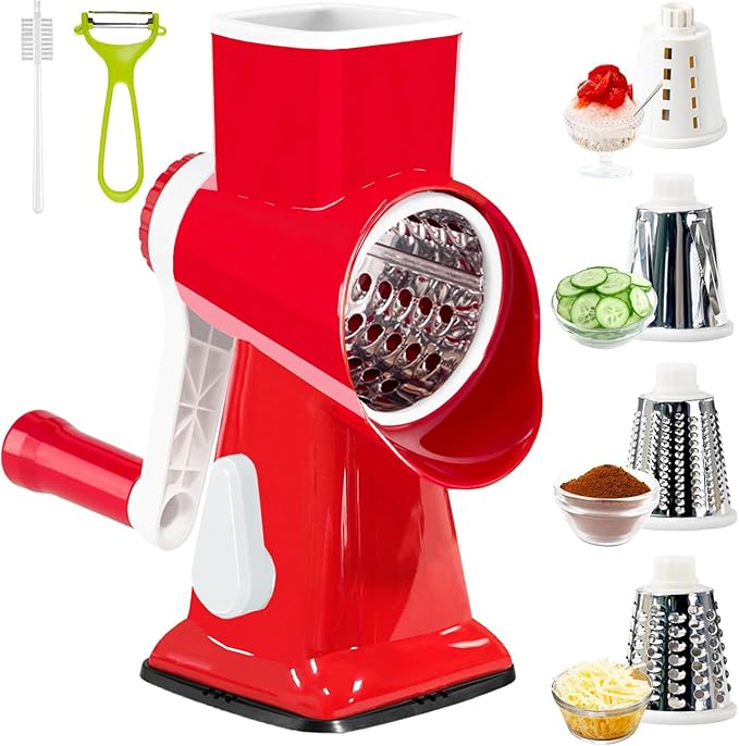 Rotary Cheese Grater with Handle, Multifunctional Kitchen tool, Stainless Steel Rotary Grater Slicer for Fruit, Vegetables, Nuts (Red)