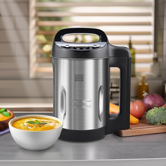 Soup Maker 1.6 L, 4 in 1 Multi-Funcation Soup and Smoothie Maker with Smart Control Panel, Stainless Hot Soup Maker Electric, Makes 2-5 Servings Living for Home Use Black