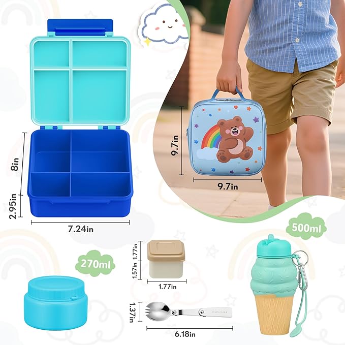 Lunch Box Kids with 5 Compartments, Insulated Food Jar & Utensil & Sauce Container & Lunch Bag & Silicone Collapsible Cup, Leak Proof Bento Box, BPA-Free & Dishwasher Safe-Blue