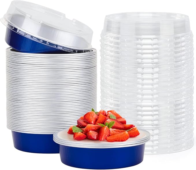 Beasea Mini Tart Pan 50 Pack with Lids, 4 Inch 8oz Jewelry Blue Disposable Aluminum Baking Foil Tins Small Round Container for Individual Dessert Cupcake Muffin Cheesecake Ramekins Quiche Oven Dishes