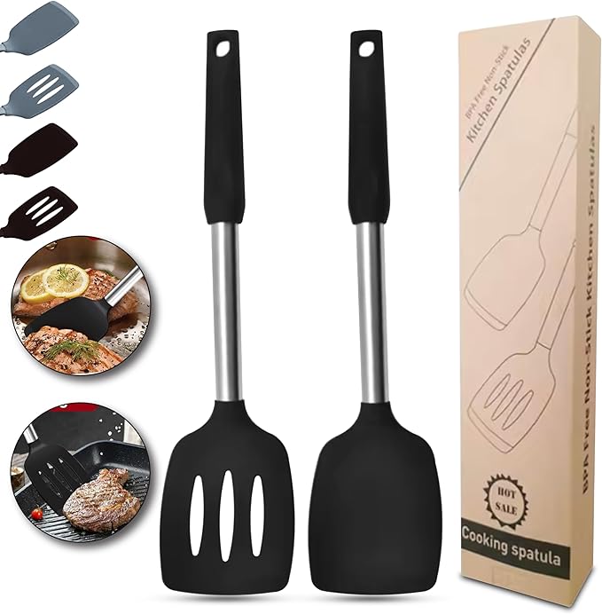 Silicone Spatulas set for kitchen: Heat Resistant Turner & Slotted Silicone Spatula for Cooking, Non Toxic Kitchen Utensils, Ideal kitchen spatula turner for Eggs & Pancakes - Black