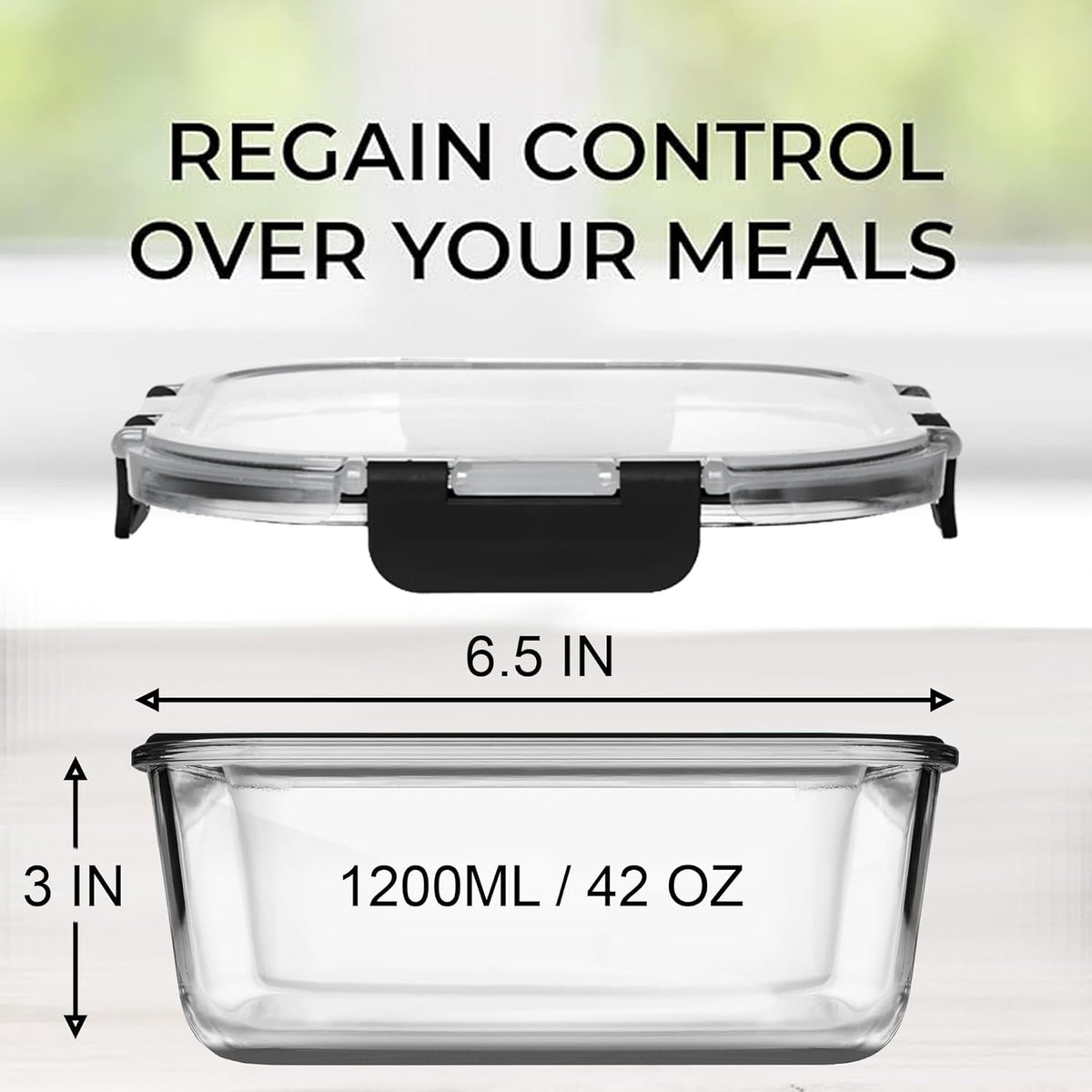Razab 2 PC 1200ML / 42 Oz Glass Food Storage Containers with Lids - Airtight & Leakproof - Microwave/Oven/Freezer Safe - BPA Free - Ideal for Meal Prep, Storing Leftover & Lunch