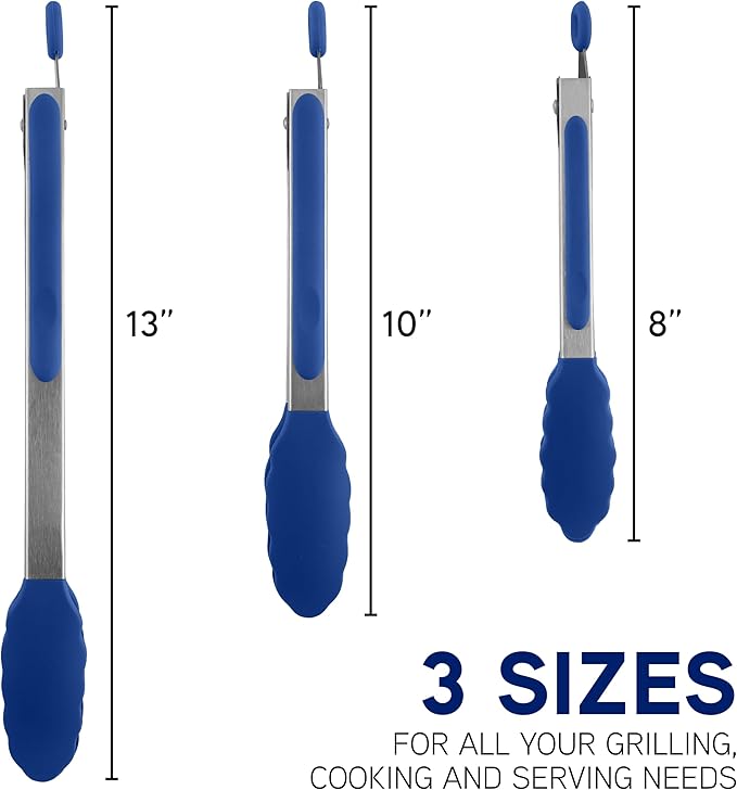 COOK WITH COLOR Stainless Steel Silicone Tipped Kitchen & BBQ Tongs Set, 3 Pc. Tongs, Blue