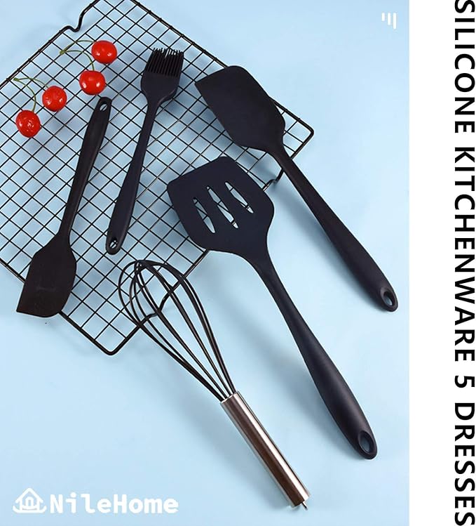 NileHome 4 Pack Silicone Spatula and Whisk Kitchen Utensils with Silicone Brush Heat Resistant BPA-free Rubber Spatula for Scraping, Baking, Cooking, Mixing-Black