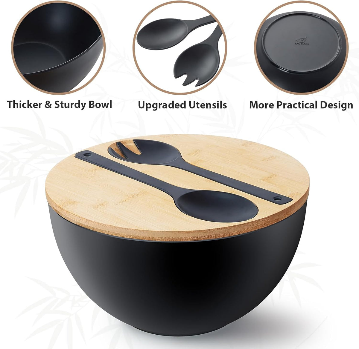 11.3" Extra Large Salad Bowl with Wooden Lid & Servers, 208Oz, Oversized Bamboo Fiber Salad Serving Set with Utensils for Home/Kitchen, Big Lightweight Bowl for Mixing Salad,Fruit,Pasta - Matte Black