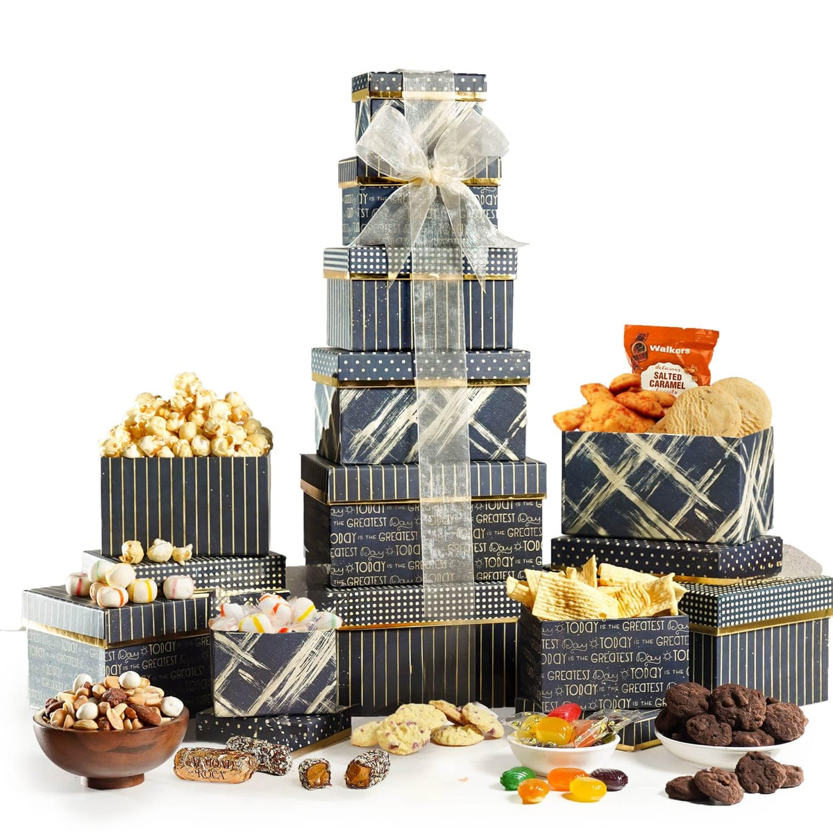Broadway Basketeers Food Gift Basket Tower Snack Gifts for Women, Men, Families, College, Delivery for Holidays, Appreciation, Thank You, Corporate, Get Well Soon Care Package