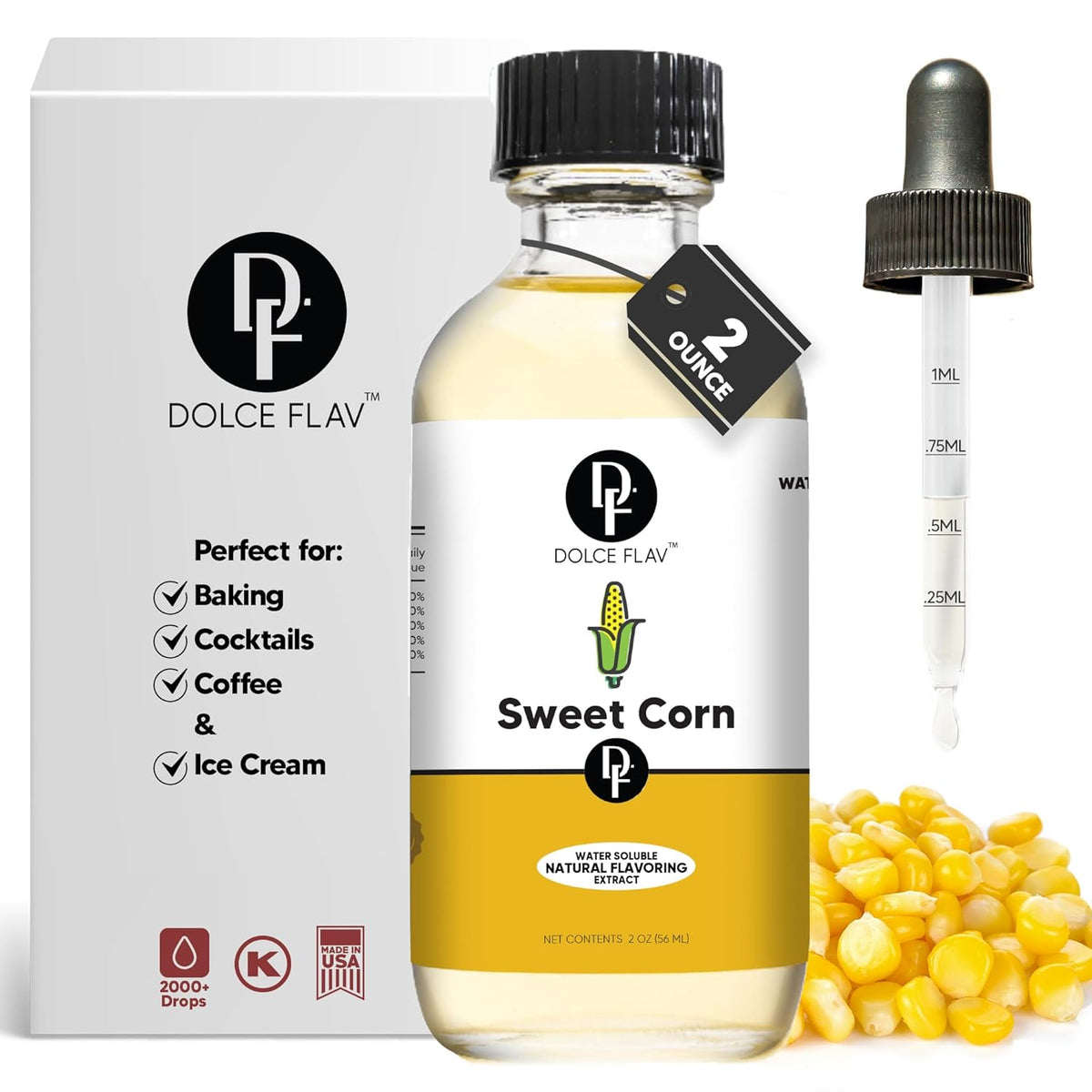 Dolce Flav Natural Sweet Corn Extract – 2 Ounce Water-Soluble Kosher, Sugar-Free, Concentrated Savory-Sweet Flavor for Baking, Cornbread & Ice Cream, Includes Measured Dropper