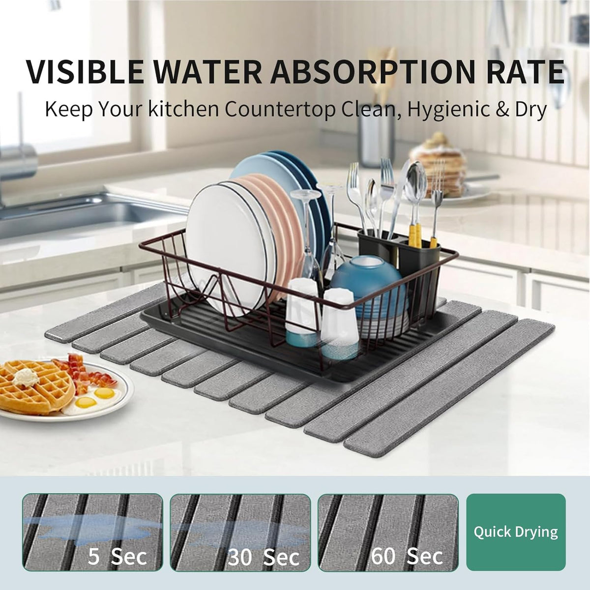Stone Drying Mat for Kitchen Counter, Collapsible Dish Drying Mat, Fast Drying Diatomaceous Earth Dish Drying Mats, Water Absorbent Diatomite Kitchen Mat （Dark gray, small size）