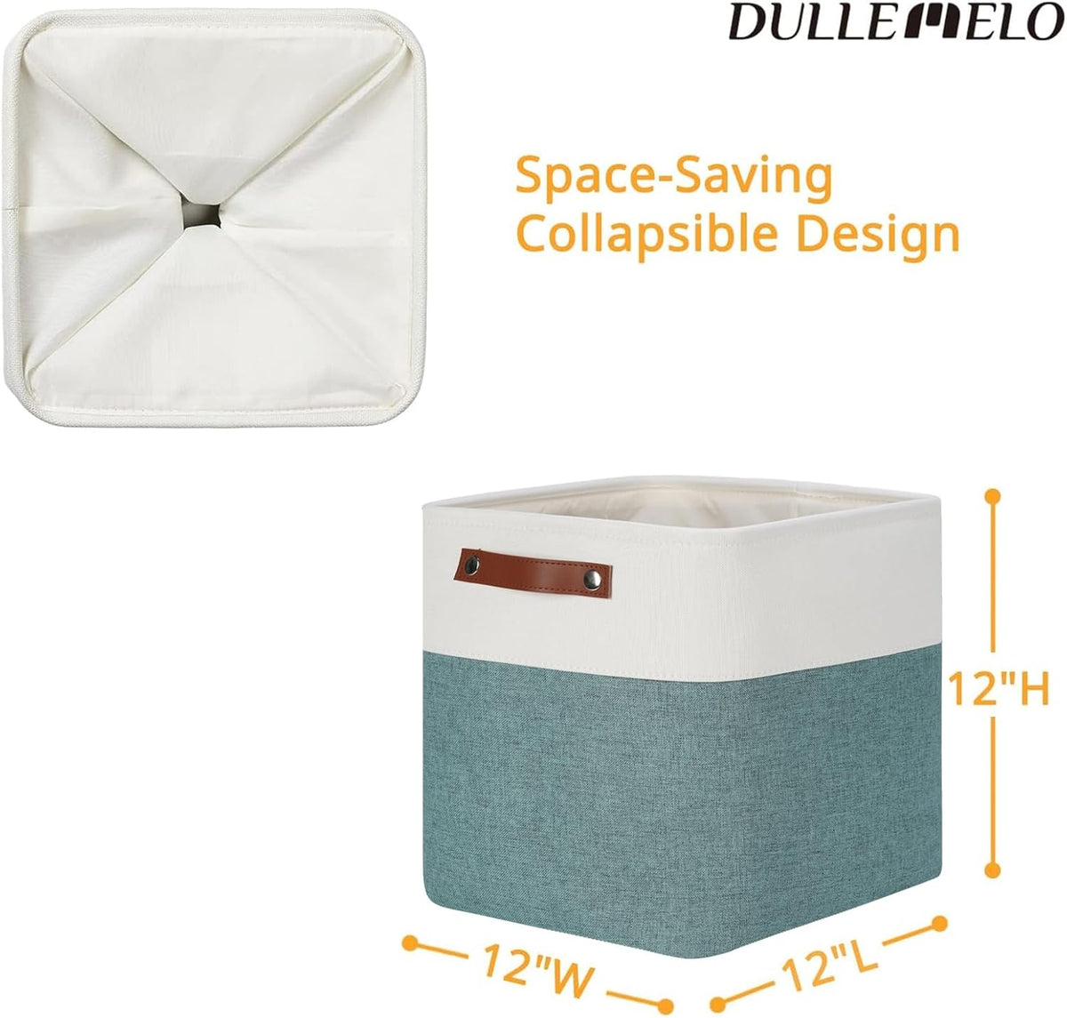 DULLEMELO Set Of 4 Cube Storage Bins, Fabric Storage Basket for Shelves Closet Nursery Toy Storage, 12 inch Fabric Storage Cubes Bins Canvas Organization Baskets (White&Deep Green)