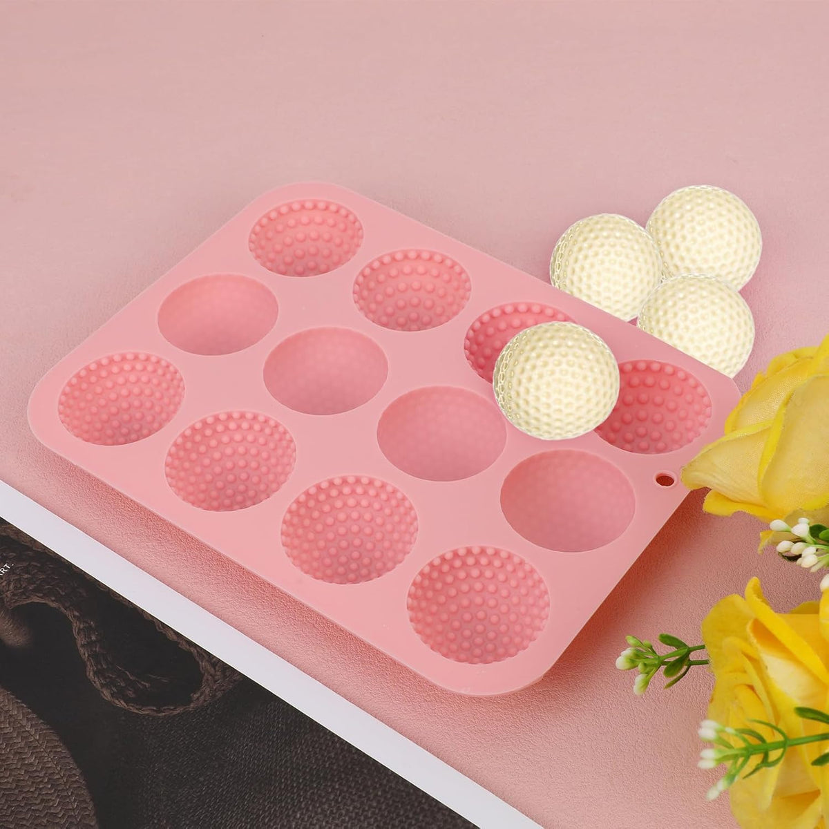 Silicone Golf Ball Chocolate Mold, 12 Cavity Golf Ball Cake Pop Mold for Cake Decorations Hot Chocolate Bombs Candy Fondant and More (Pink)