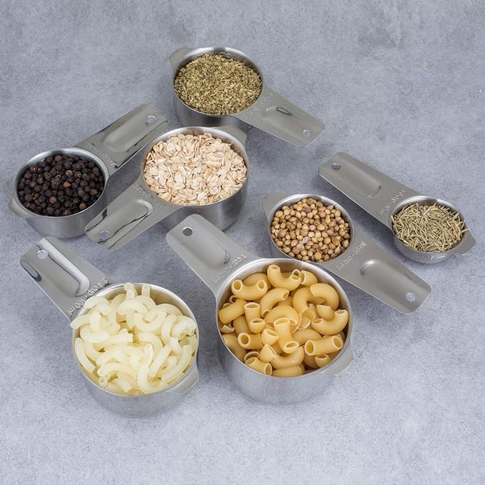 Set of 7 Heavy Duty Measuring Cups, 18/8 Stainless Steel with Ring Connector, Silver