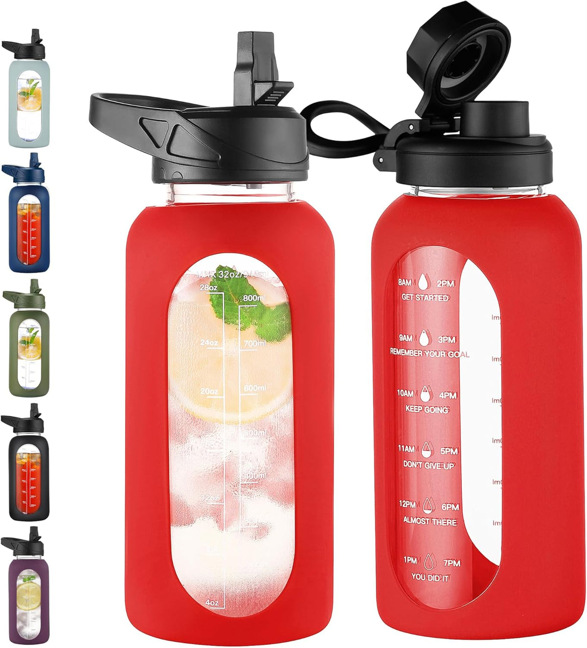 CIVAGO 32 oz Glass Water Bottle with Straw and Handle, Large Sports Motivational Water Bottle Flask with Time Marker and 2 Lids, Leakproof Water Jug Canteen with Silicone Sleeve for Gym,Red