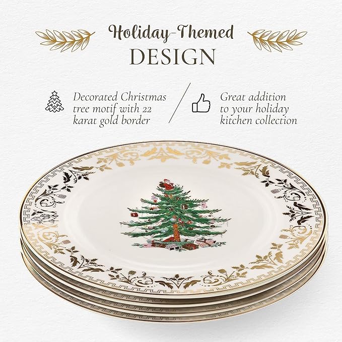 Spode Christmas Tree Gold Salad Plate, 8-Inch Porcelain Dinner & Appetizer Plate, Christmas Dinnerware, Microwave & Dishwasher Safe, Festive Collectible Seasonal Dining Plate