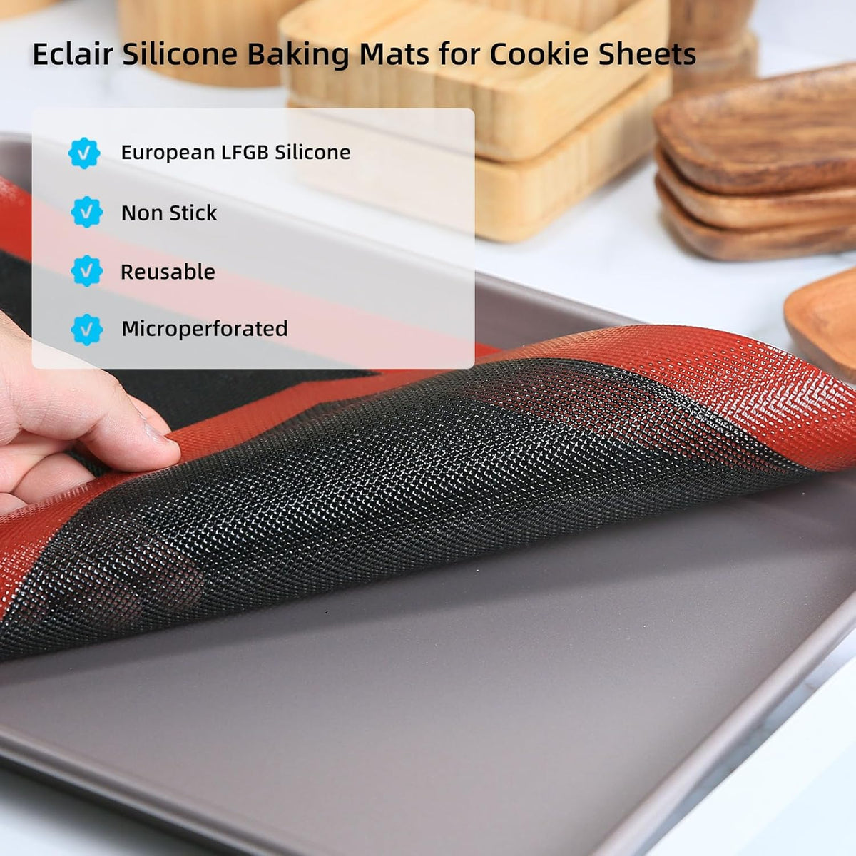 Perforated Silicone Baking Mat for Jelly Roll Pan, Non-Stick Eclair Baking Mat for 10 x 15-inch Tray Pan, 2 Pcs Mesh Cookie Sheet Liner for Homemade Bread, Sugar Cookie and Pastry