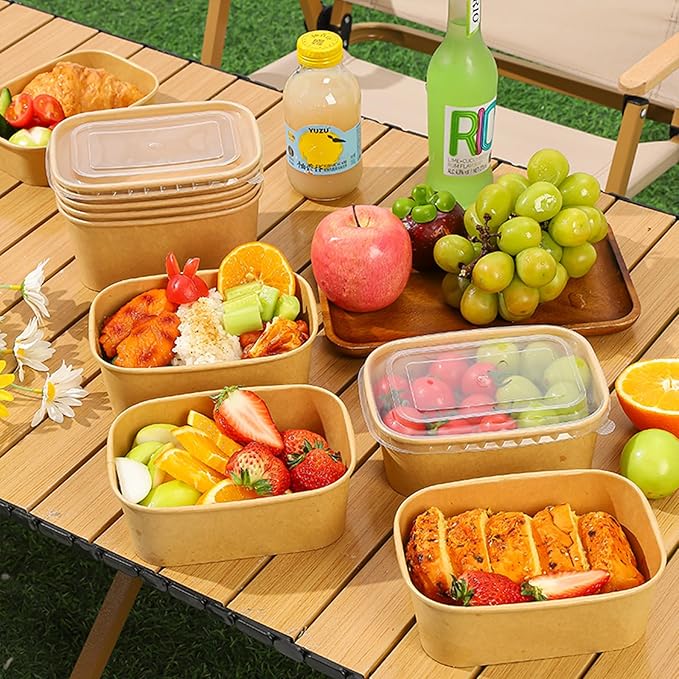 DI QIU REN 50-Pack 34oz Paper Bowls, Disposable Food Containers with Lids and Forks, Rectangular Food Prep Containers, To Go Containers, Salad Bowls Deli Container for Diet Salad, Pasta