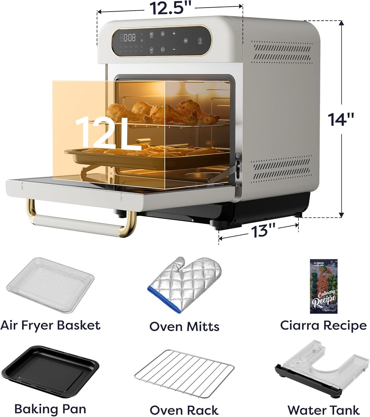 CIARRA 8-in-1 Air Fryer Steam Oven Countertop, 13QT Mini Toaster Oven with Steam, Rapid Steam, Air Fry, Vapor Bake, Steam Clean, Bake, Dried, Ferment, White
