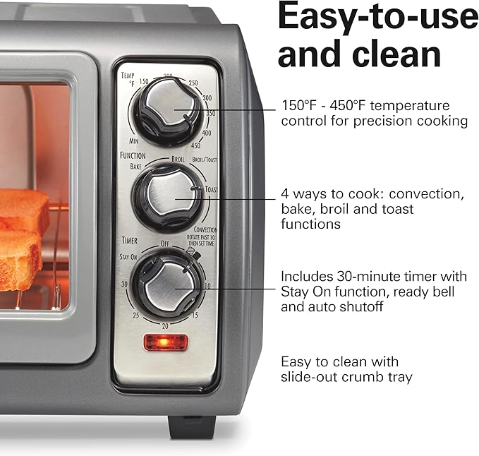 Hamilton Beach 6 Slice Convection Toaster Oven With Easy Reach Roll-Top Door, Bake, Broil & Toast Functions, Auto Shutoff, Silver (31123DA)