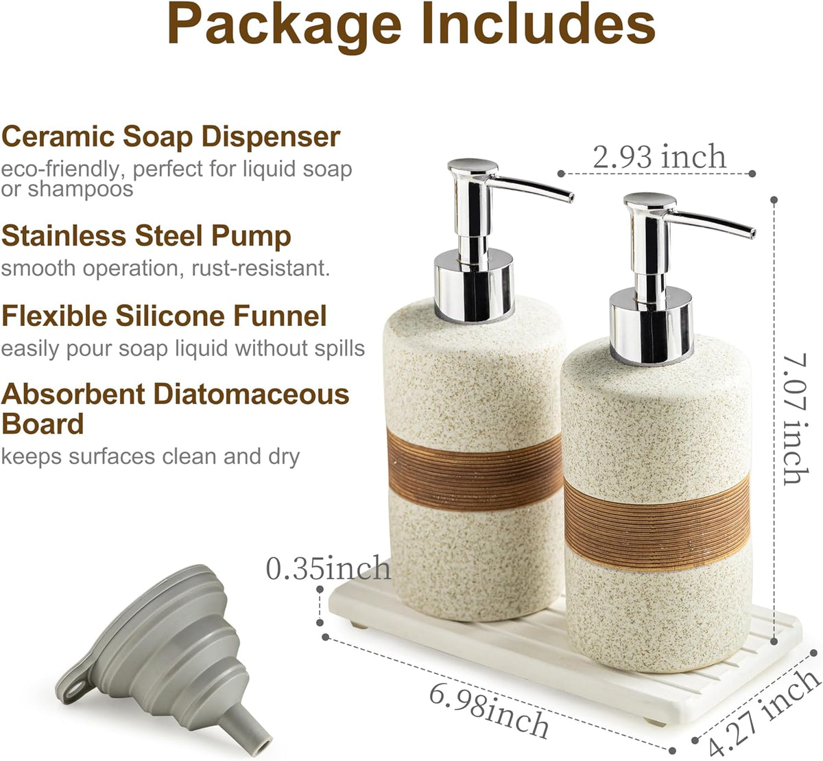 2-Pack Ceramic Soap Dispensers Set, Includes Stainless Steel Pump, Silicone Funnel and Diatomaceous Tray, Hand Soap, Dish Soap, Shampoo and Conditioner Dispenser for Bathroom & Washroom, White