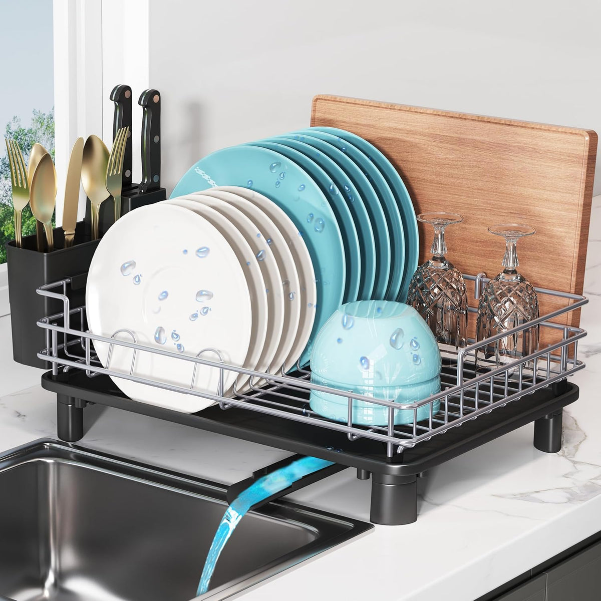 BOOSINY Dish Drying Rack for Kitchen Counter, Stainless Steel Dish Drainers with Drainboard Set, Space Saving, Compact Metal Plates Strainers Rack with Cup Holder, Utensil Holder