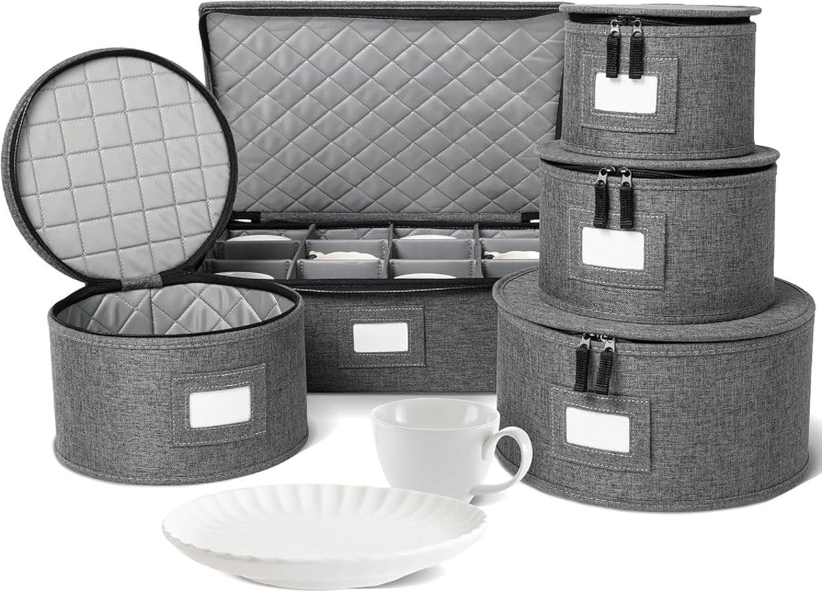 storageLAB China Storage Containers, Hard Shell Case with Felt Dividers for Charger Plates, and Dishes, Ideal for Kitchen Organization, Moving Supplies, and Fine China Storage - 5-Piece Set, Gray