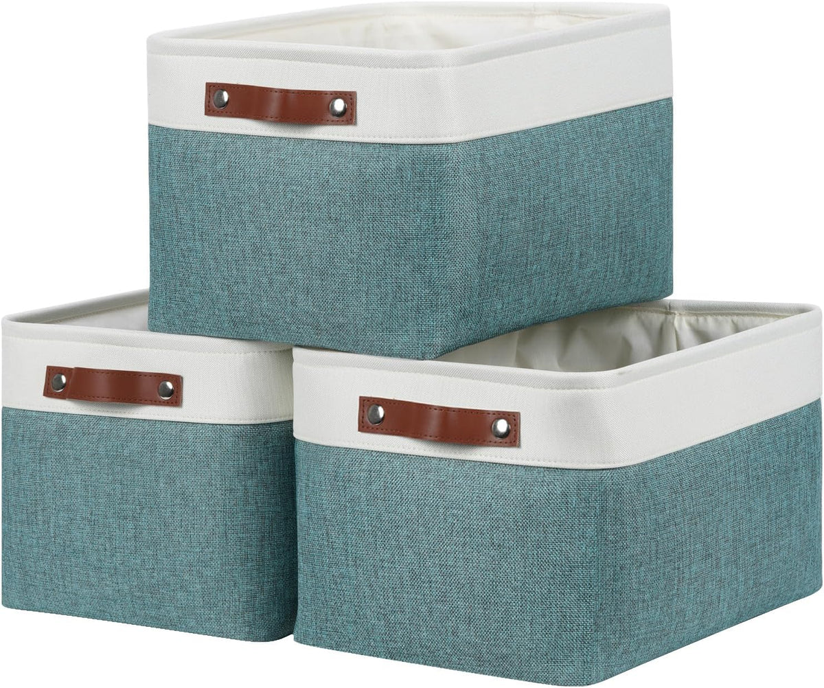 DULLEMELO Storage Baskets for Organizing,Rectangular Fabric Storage Bins with Handles for Office,Bedroom(3-Pack -15 inch X 11 inch X 9.5 inch, White&Dark Green)