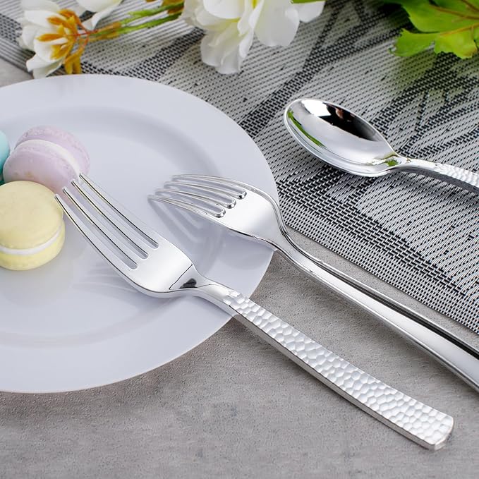 KIRE 400PCS Silver Plastic Forks and Spoons Disposable-Heavy Duty Plastic Silverware Set Silver Spoons and Forks-200 Forks and Spoon for Parties/Birthday/Wedding for Christmas