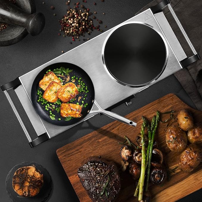 Hot Plate, Techwood 1800W Portable Electric Stove for Cooking Countertop Dual Burners with Adjustable Temperature & Handles, 7.5” Cooktop for Home/RV/Camp, Compatible for All Cookwares, Silver