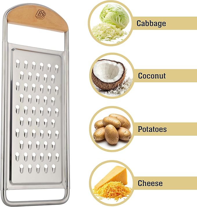 Cheese Grater Handheld - Stainless Steel Flat Food Grater with Cherrywood Handle - Coarse Shredder Kitchen for Medium-Hard Cheese and Vegetables - Italian Made Kitchen Gadgets by Kings County Tools