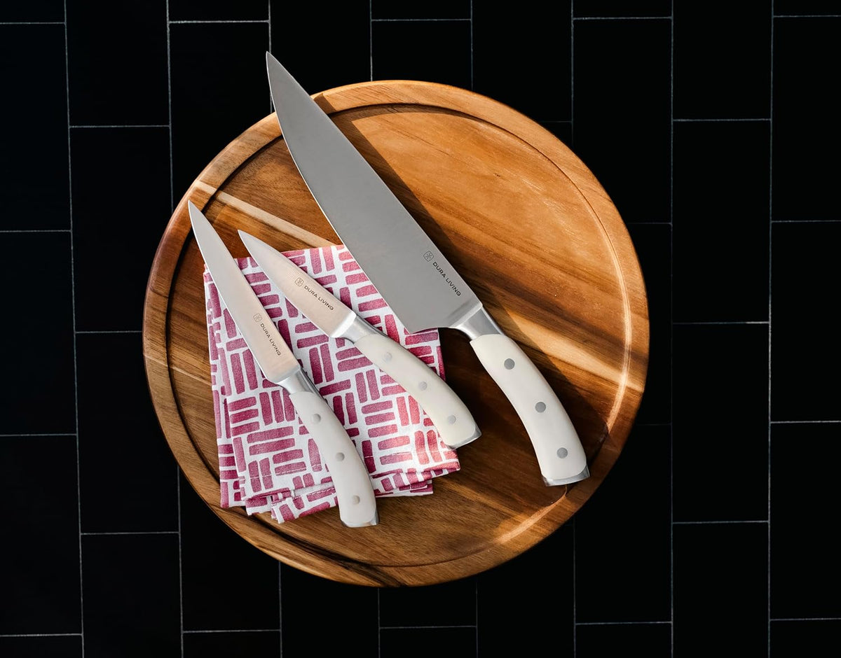 3-Piece Kitchen Knife Set – Ultra-Sharp German Stainless Steel, 8” Chef, 5” Utility, and 3.5” Paring Knives with Ergonomic Handles, Multipurpose Kitchen Knife Set, Clear