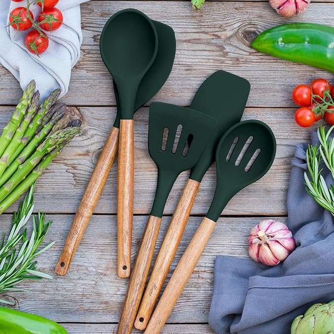 Miusco Non-Stick Silicone Cooking Utensils Set with Natural Acacia Hard Wood Handle, 5 Piece, High Heat Resistant (Green)