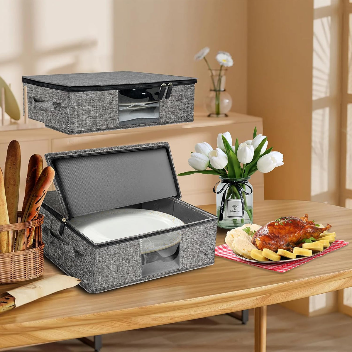Platter Storage Case - Plate Storage Containers with PVC Windows,16.5“x12.6x5.5'', Stackable China Storage Containers Hard Shell,4 Felt Dividers Included for Dish,Plate, Dinnerware and Transport(Gray)