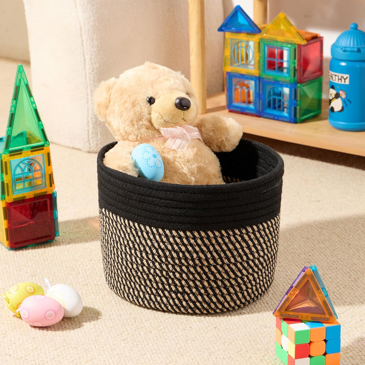 Small Basket for Organizing | Cube Shelf Closet Storage Baskets | 9.7×9.7×7.1” | Woven Rope Gift Basket | Nursery | Round 3 Packs Black Brown