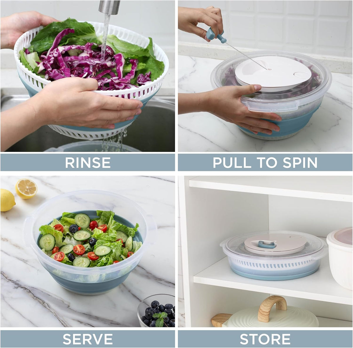 COOK WITH COLOR Collapsible Salad Spinner - 4 QT Space Saving Lettuce Dryer with Folding Collapsible Colander Great for Washing and Drying Fruit and Vegetables (Blue)