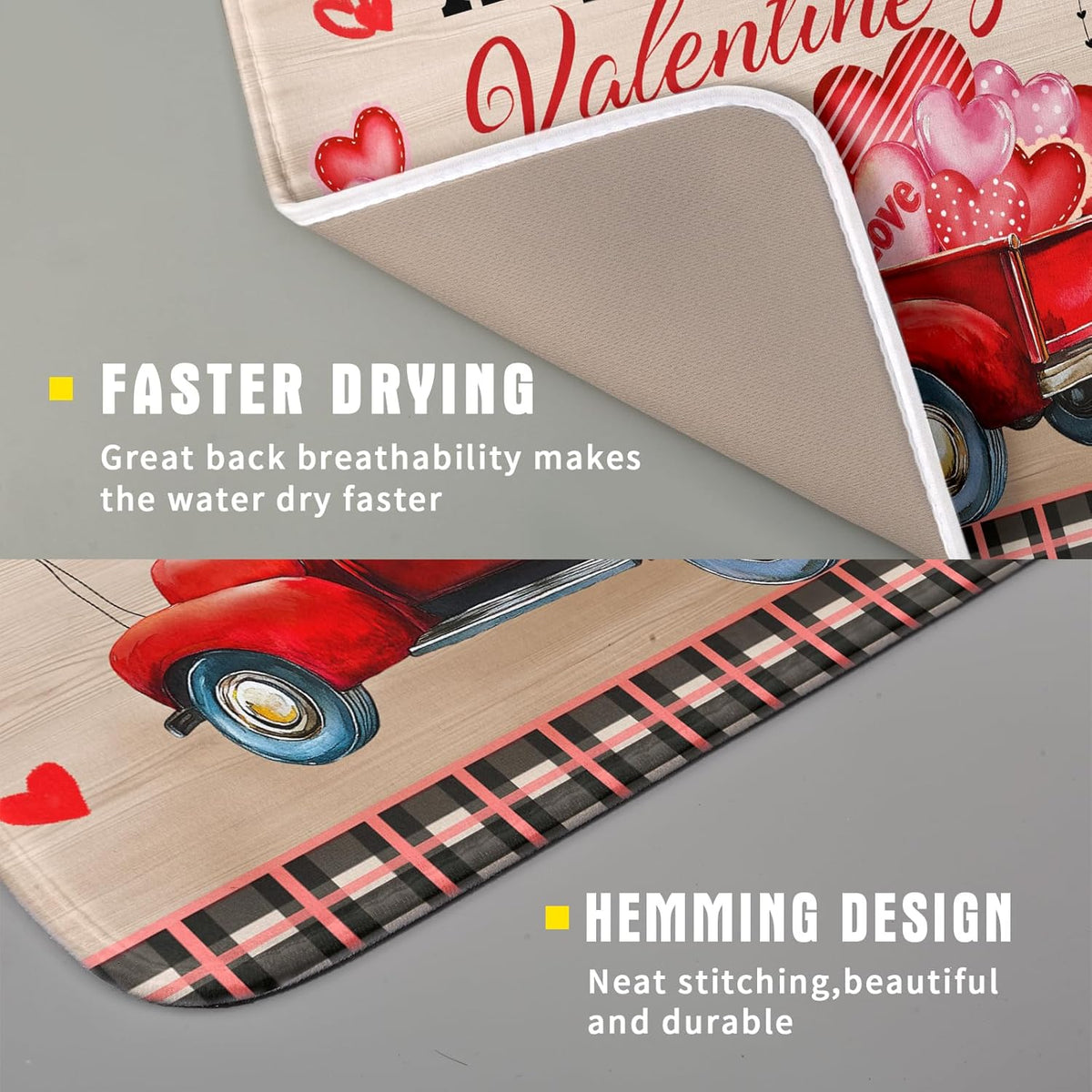 Valentine's Day Truck Dish Drying Mat 16x18 inch Love Heart Washable Absorbent Dishes Pad Dish Drainer Mat for Kitchen Counter Sink Coffee