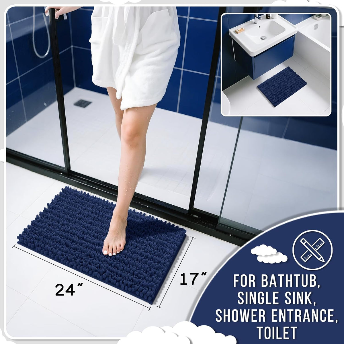 Yimobra Bathroom Rugs Non Slip Washable 24x17 Inch - Ultra Soft Absorbent Chenille Bath Mat, Quick Dry Shaggy Floor Carpet for Tub Shower, Navy Blue Home Decor Accessories