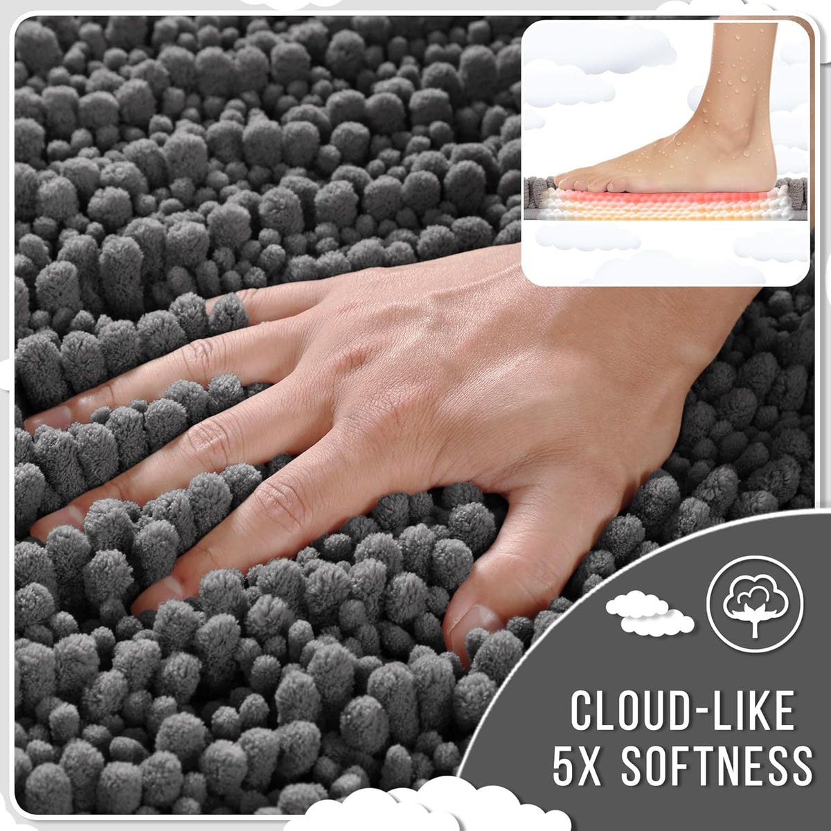 Yimobra Long Bathroom Rugs Non Slip Washable 44x24 Inch - Ultra Soft Absorbent Chenille Bath Mat, Quick Dry Shaggy Floor Carpet for Tub Shower, Dark Gray Home Decor Accessories