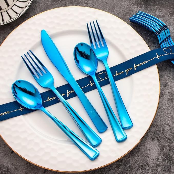 Supernal 240pcs Blue Plastic Silverware,Party Disposable Utensils,Plastic Silverware Heavy Duty Include 80 Forks,80 Knvies,80 Spoons,Premium Disposable Cutlery Shine Blue for Birthday,Party